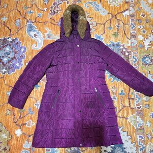 Kenneth Cole New York Women's Long Purple Quilted Jacket w Faux Fur Trim Large